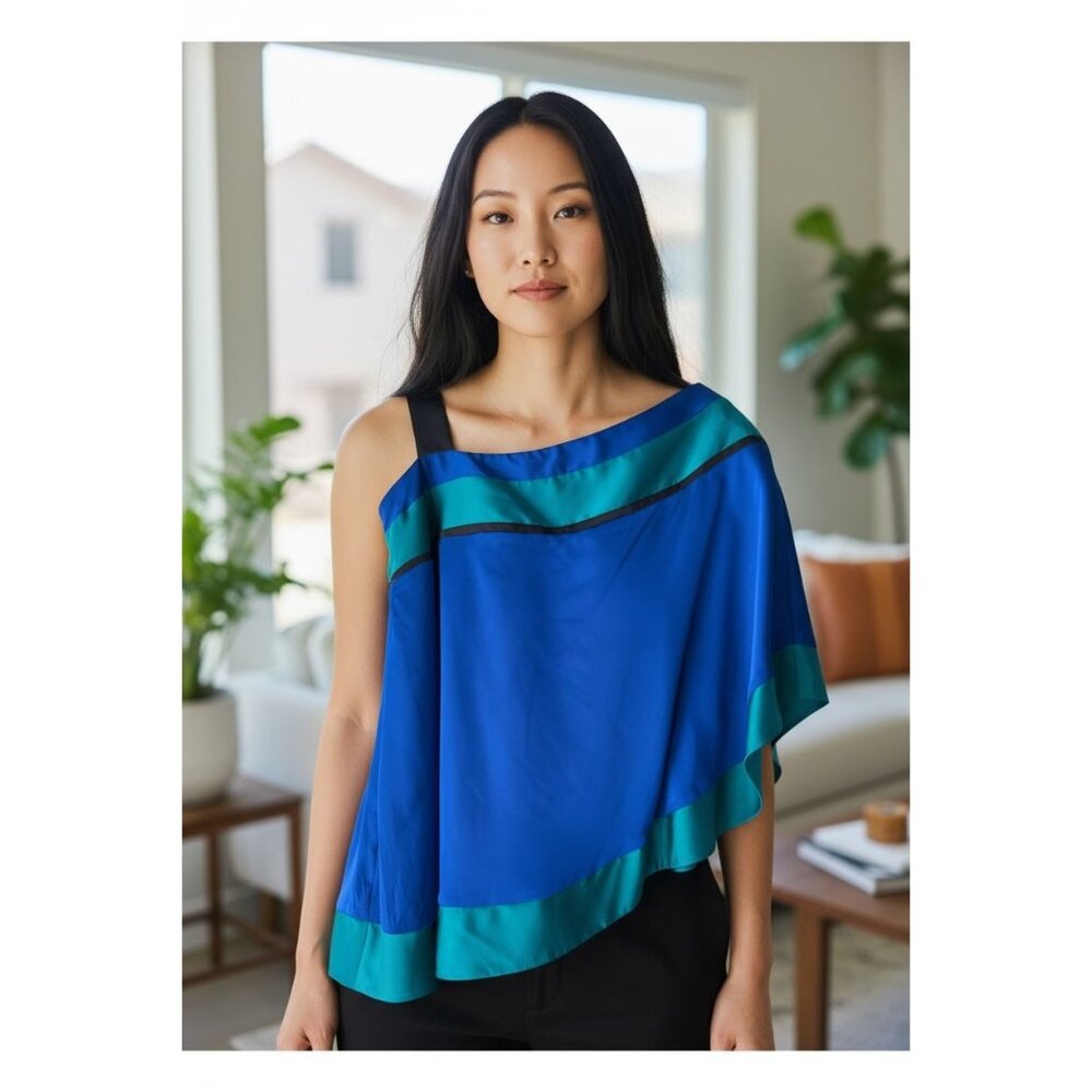 Nicole By Nicole Miller Blouse XS Asymmetrical One-Shoulder Satin Top Blue Green